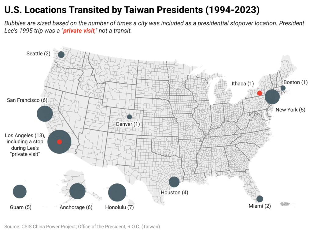 Map of Taiwan presidential transits of the United States